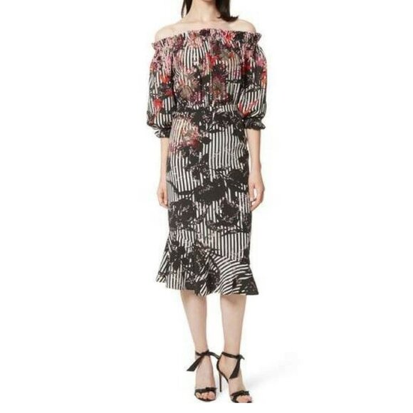 Saloni Grace Floral‎ Striped Print Chiffon midi dress boho sz 4 - Picture 1 of 14